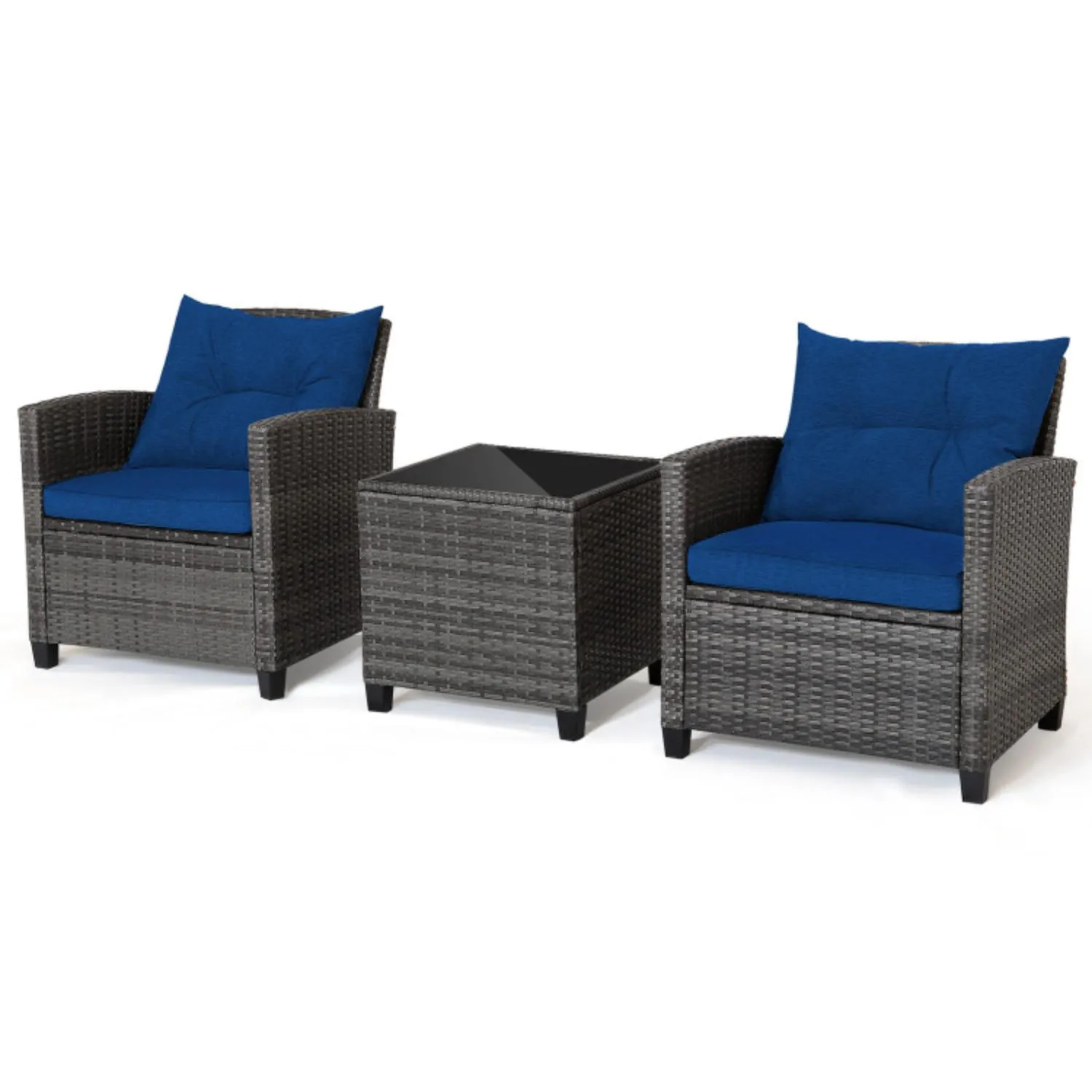 Hivvago 3 Pieces Outdoor Wicker Conversation Set with Tempered Glass Tabletop