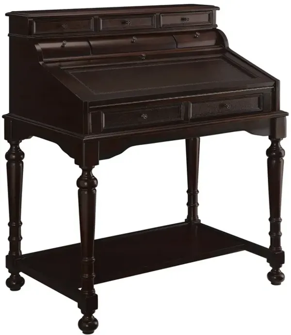 42 Inch 8 Drawer Secretary Desk, Shelf, Expandable Top, Brown Faux Leather-Benzara