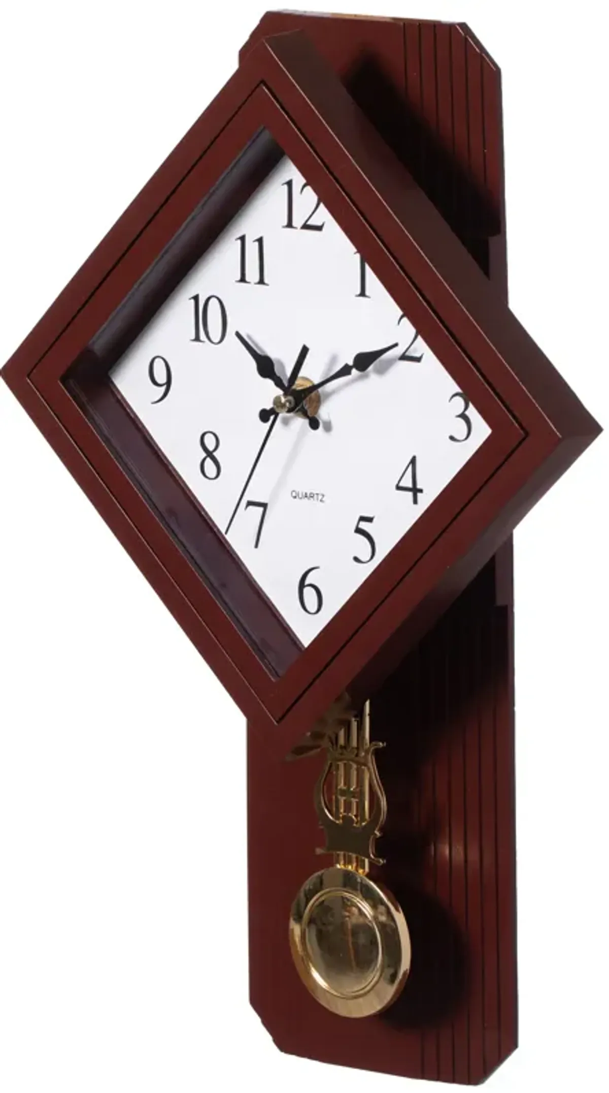 Wood-Look Pendulum Plastic Wall Clock, Farmhouse Decor for Living Room, Kitchen, or Dining Room, Silent Clock with Roman Numerals, Battery Powered, Large Decorative Wall Clock, Easy-to-Read, Brown