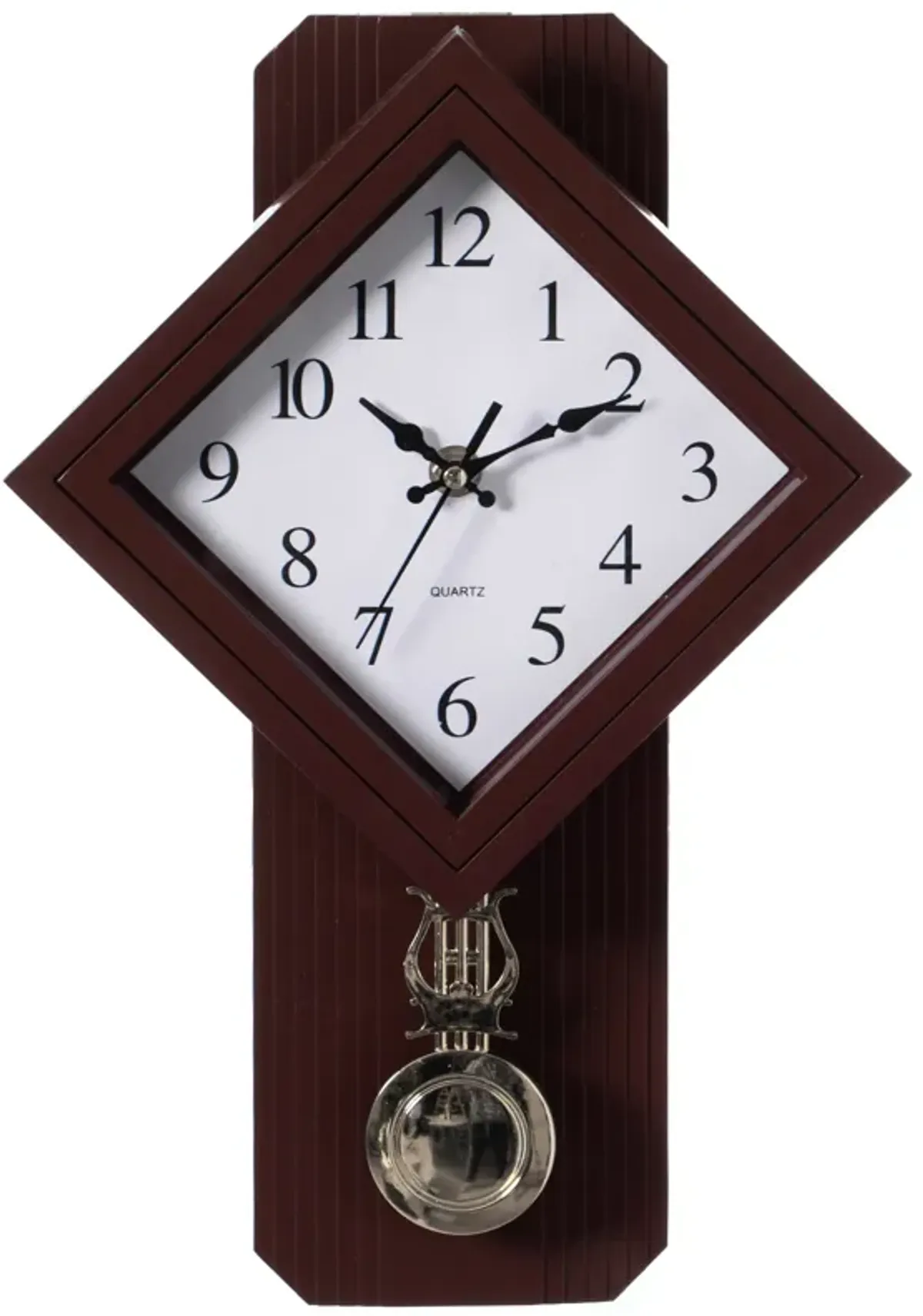 Wood-Look Pendulum Plastic Wall Clock, Farmhouse Decor for Living Room, Kitchen, or Dining Room, Silent Clock with Roman Numerals, Battery Powered, Large Decorative Wall Clock, Easy-to-Read, Brown