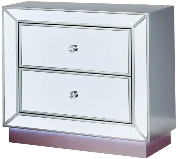 Donna 26 Inch Nightstand, 2 Drawers, LED Light, USB Port, Mirror, Silver - Benzara