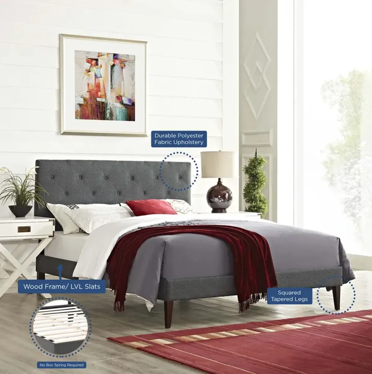 Modway - Tarah King Fabric Platform Bed with Squared Tapered Legs Gray