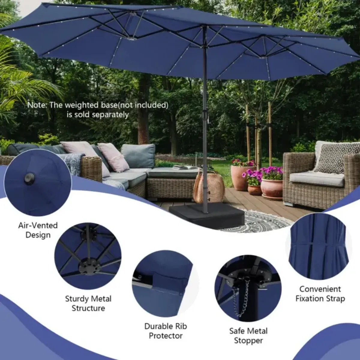 Hivvago 15 Feet Twin Patio Umbrella with 48 Solar LED Lights