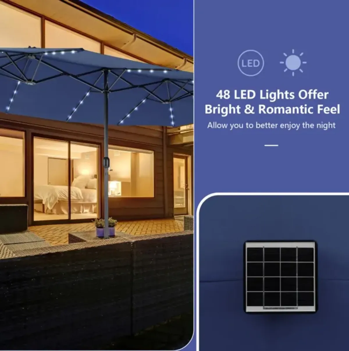 Hivvago 15 Feet Twin Patio Umbrella with 48 Solar LED Lights