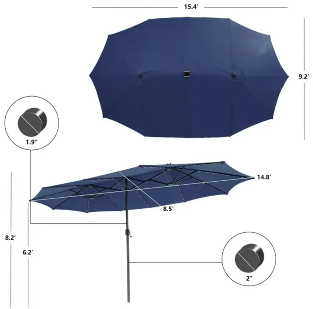 Hivvago 15 Feet Twin Patio Umbrella with 48 Solar LED Lights