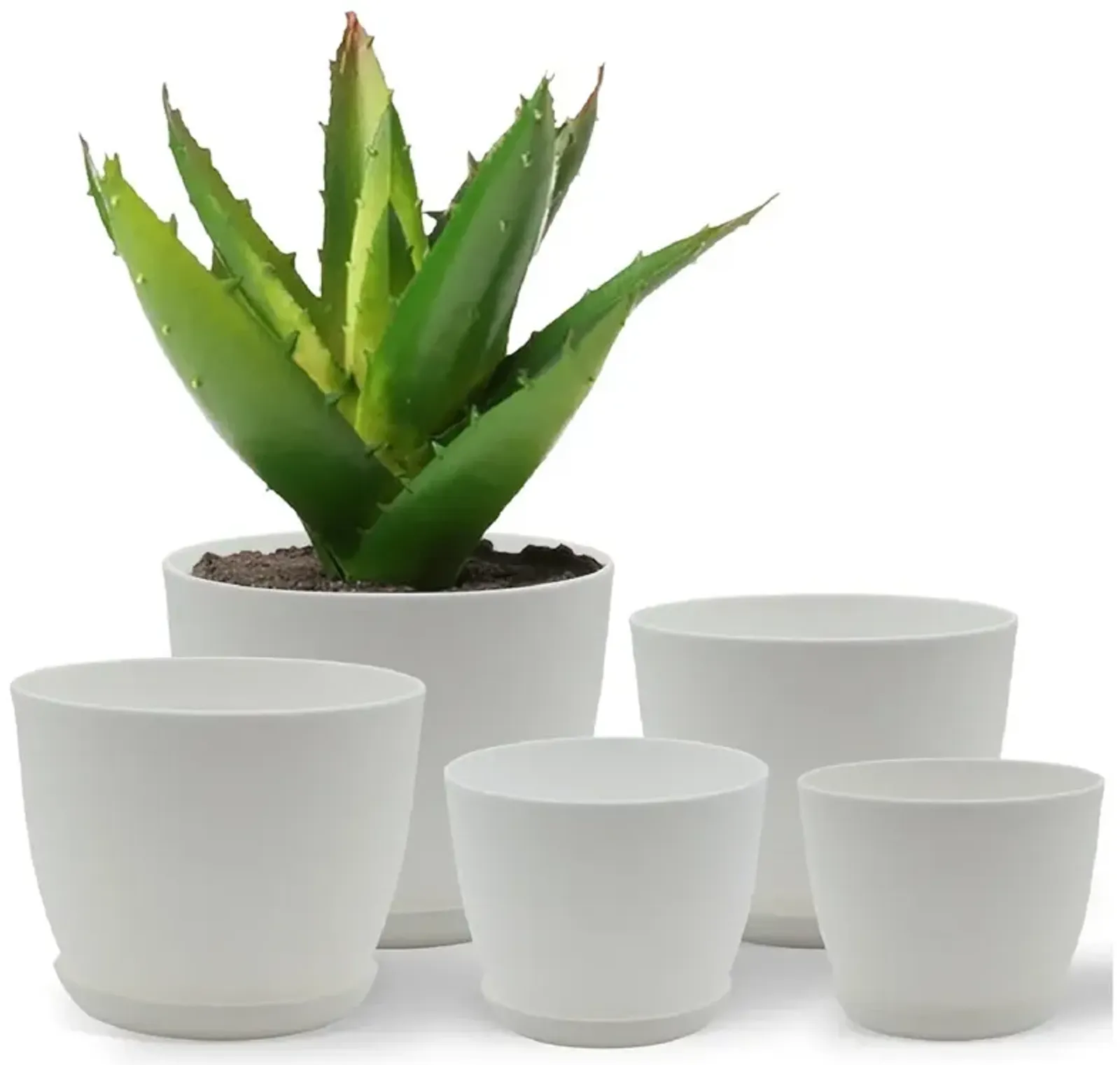 Plastic Plant Pots with Drainage - Home Decor Flower Pot, Stackable Design for Indoor and Outdoor Use, Lightweight and Sturdy, Space-Saving, (7”, 6.6”, 6”, 5.3”, 4.8” Inches), Pack of 5, White