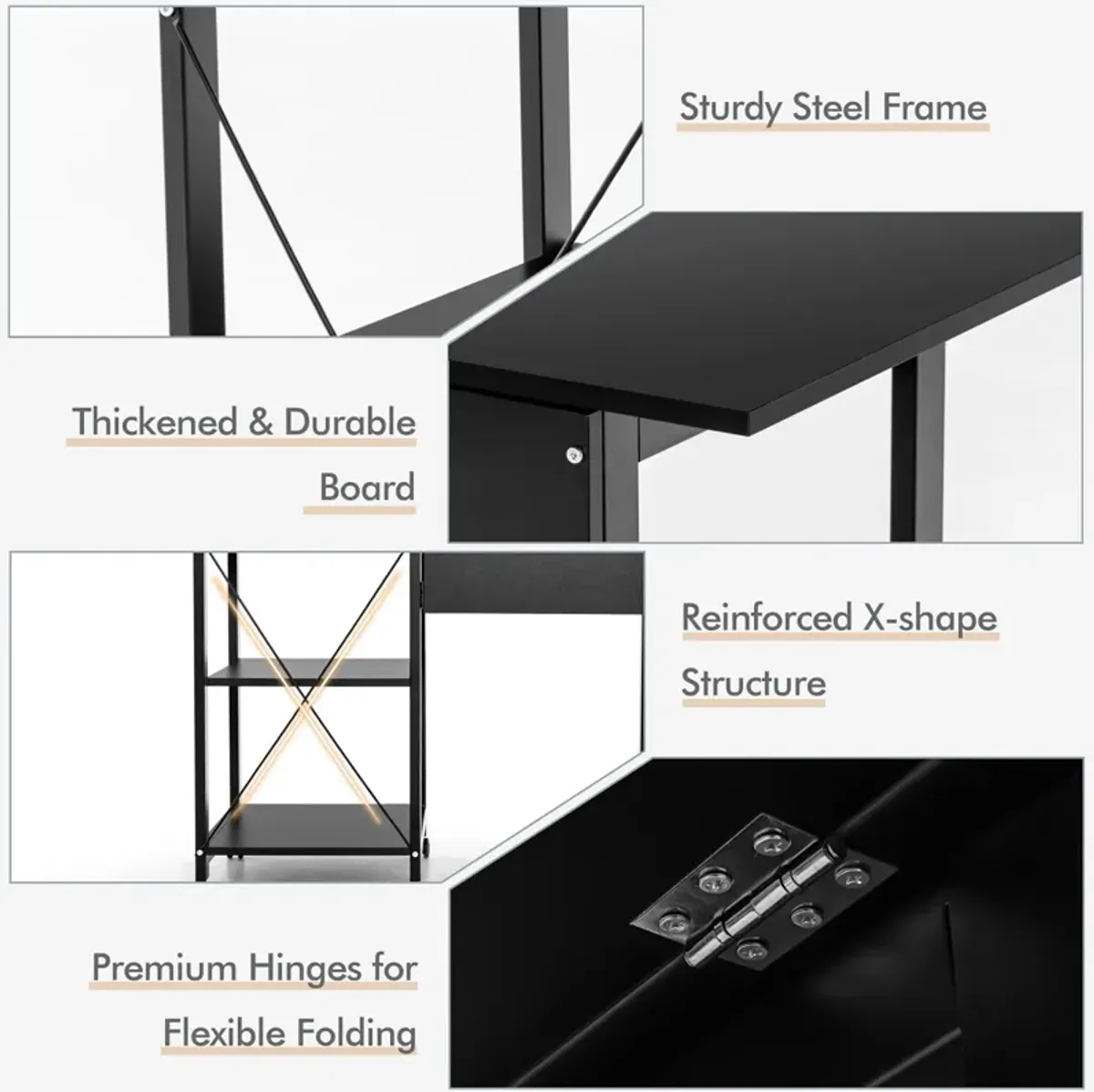 Costway Rolling Computer Desk Folding Writing Office Desk Storage Shelves Black