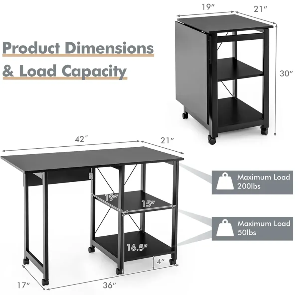 Costway Rolling Computer Desk Folding Writing Office Desk Storage Shelves Black