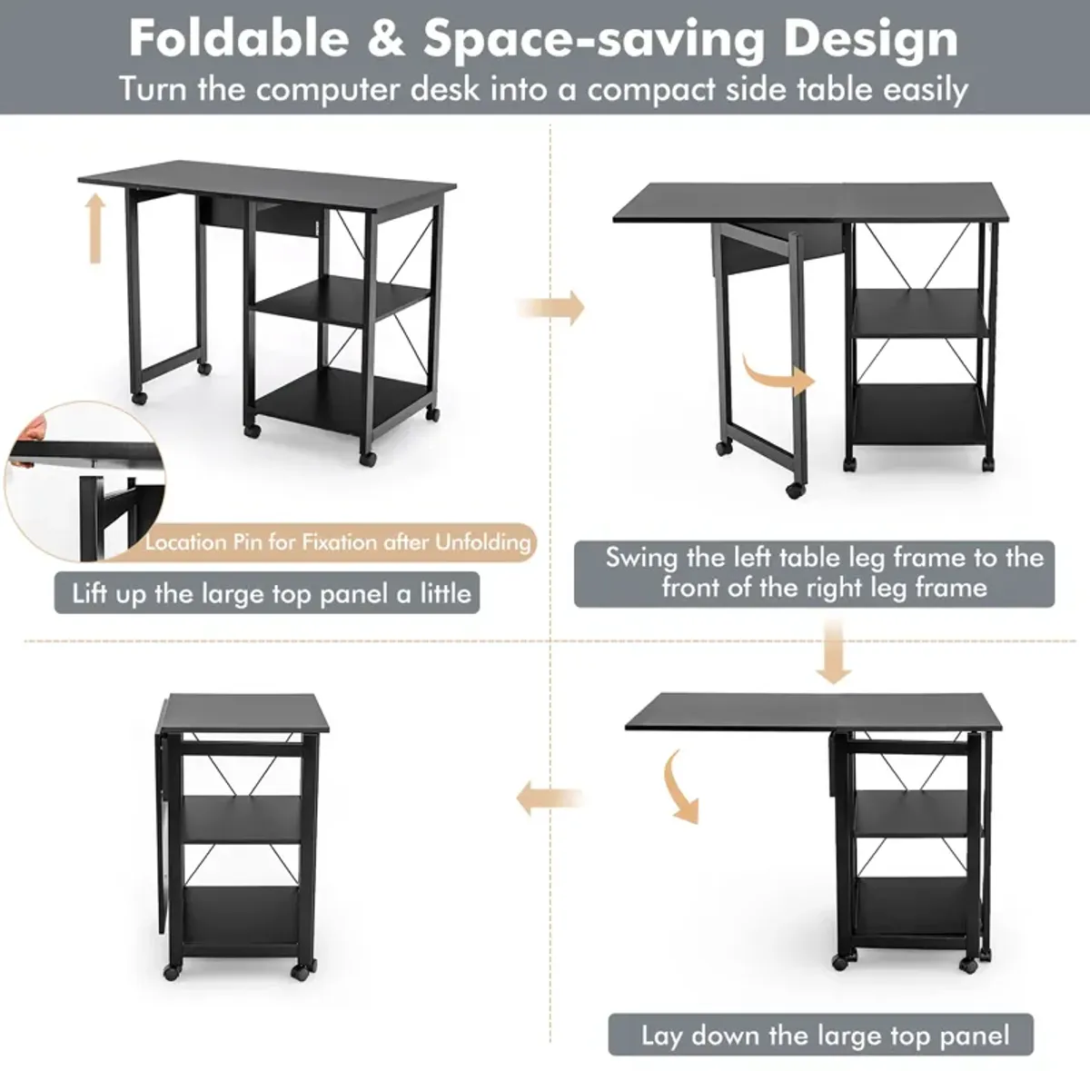 Costway Rolling Computer Desk Folding Writing Office Desk Storage Shelves Black