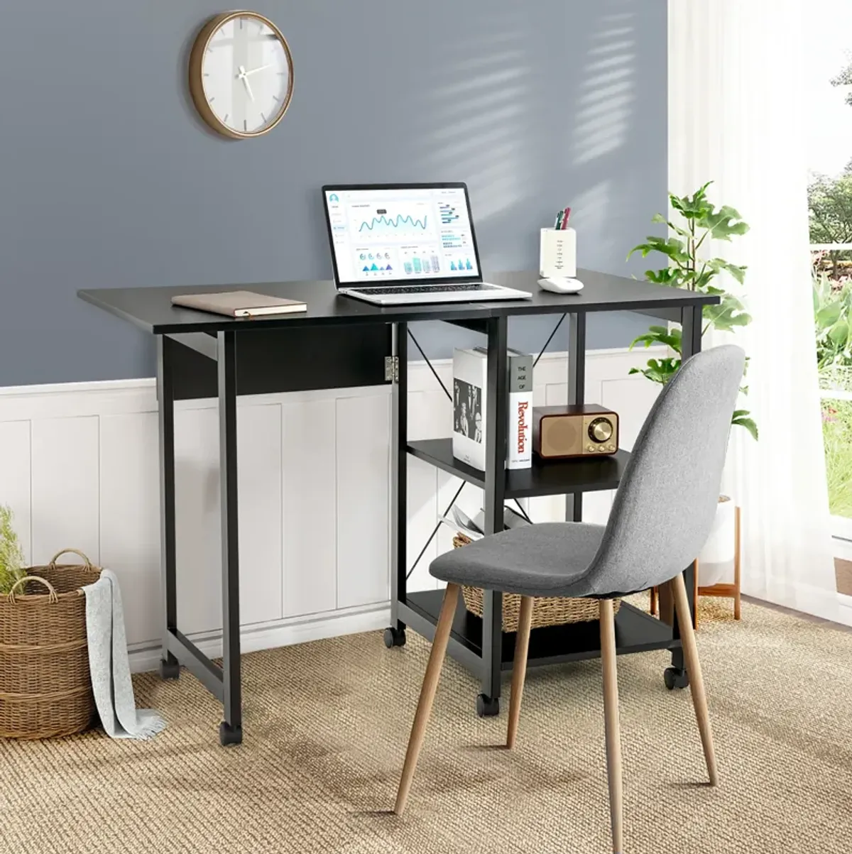 Costway Rolling Computer Desk Folding Writing Office Desk Storage Shelves Black