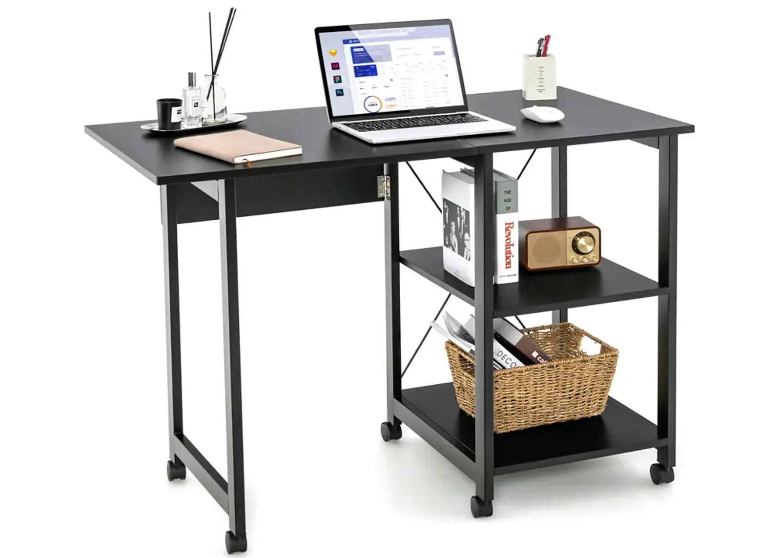 Costway Rolling Computer Desk Folding Writing Office Desk Storage Shelves Black