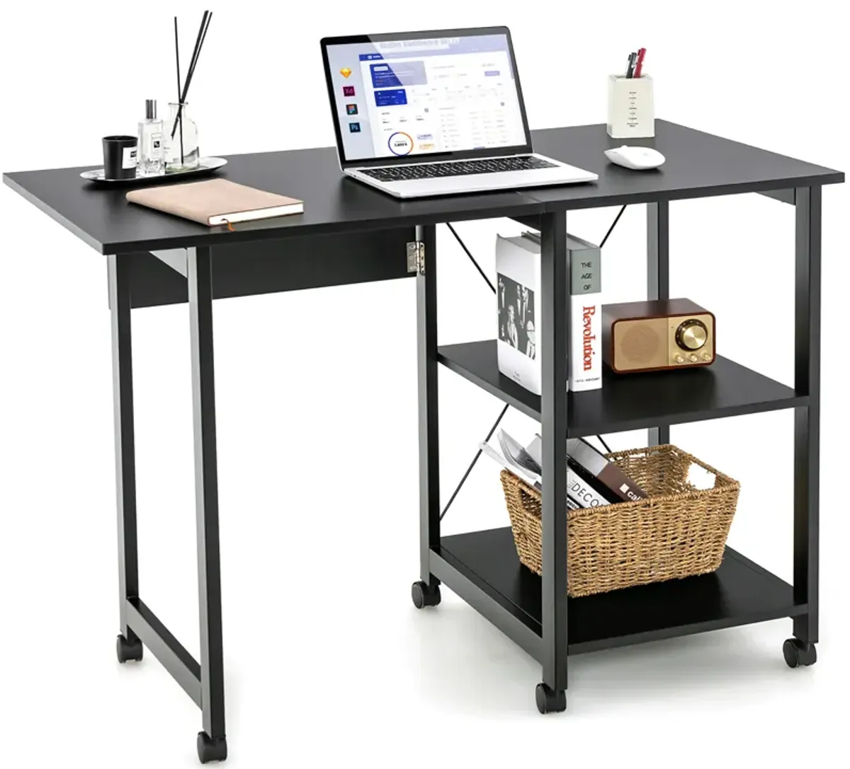 Costway Rolling Computer Desk Folding Writing Office Desk Storage Shelves Black