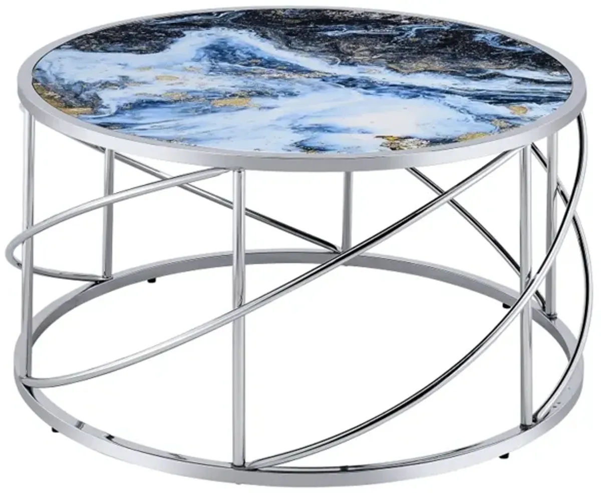 ACME Lyda Coffee Table, Blue Marble Print & Chrome Finish