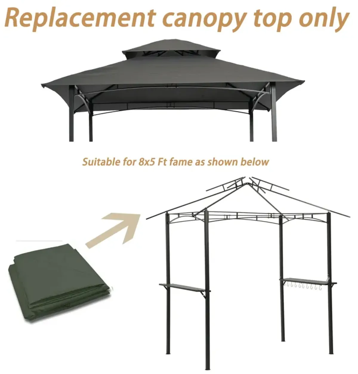 8x5FT Grill Gazebo Replacement Canopy, Double Tiered Bbq Tent Roof Top Cover