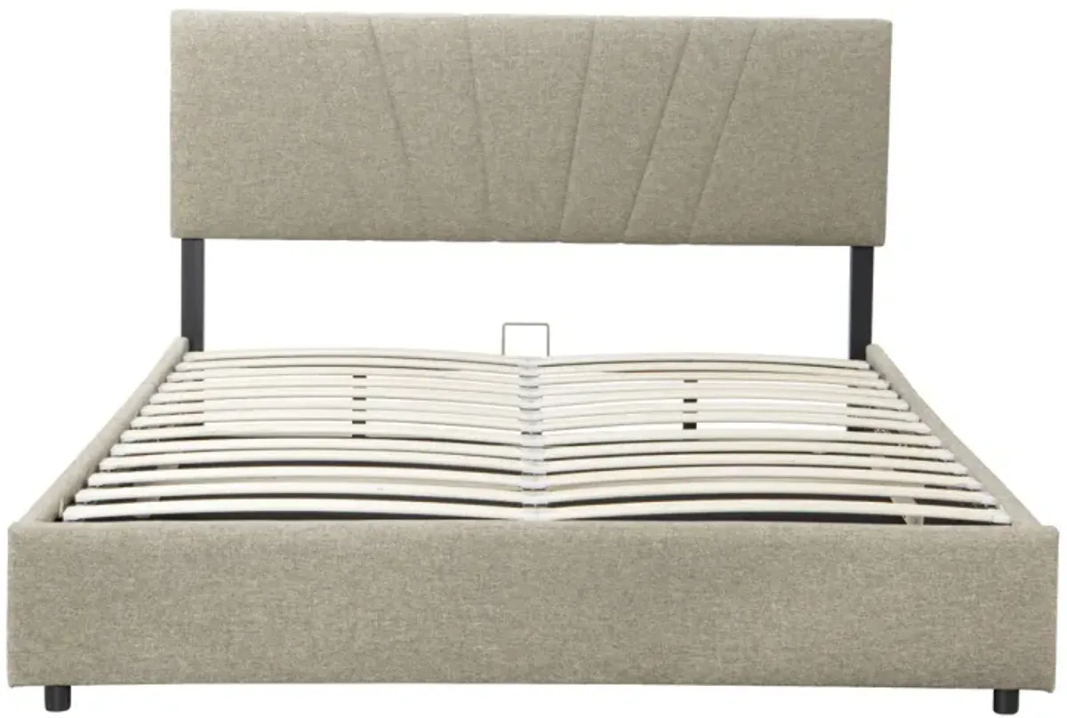 Beige Queen Platform Bed with Storage & Tufted Headboard