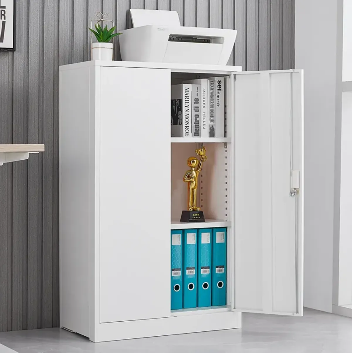 Locking Metal Storage Cabinet with Shelf, White