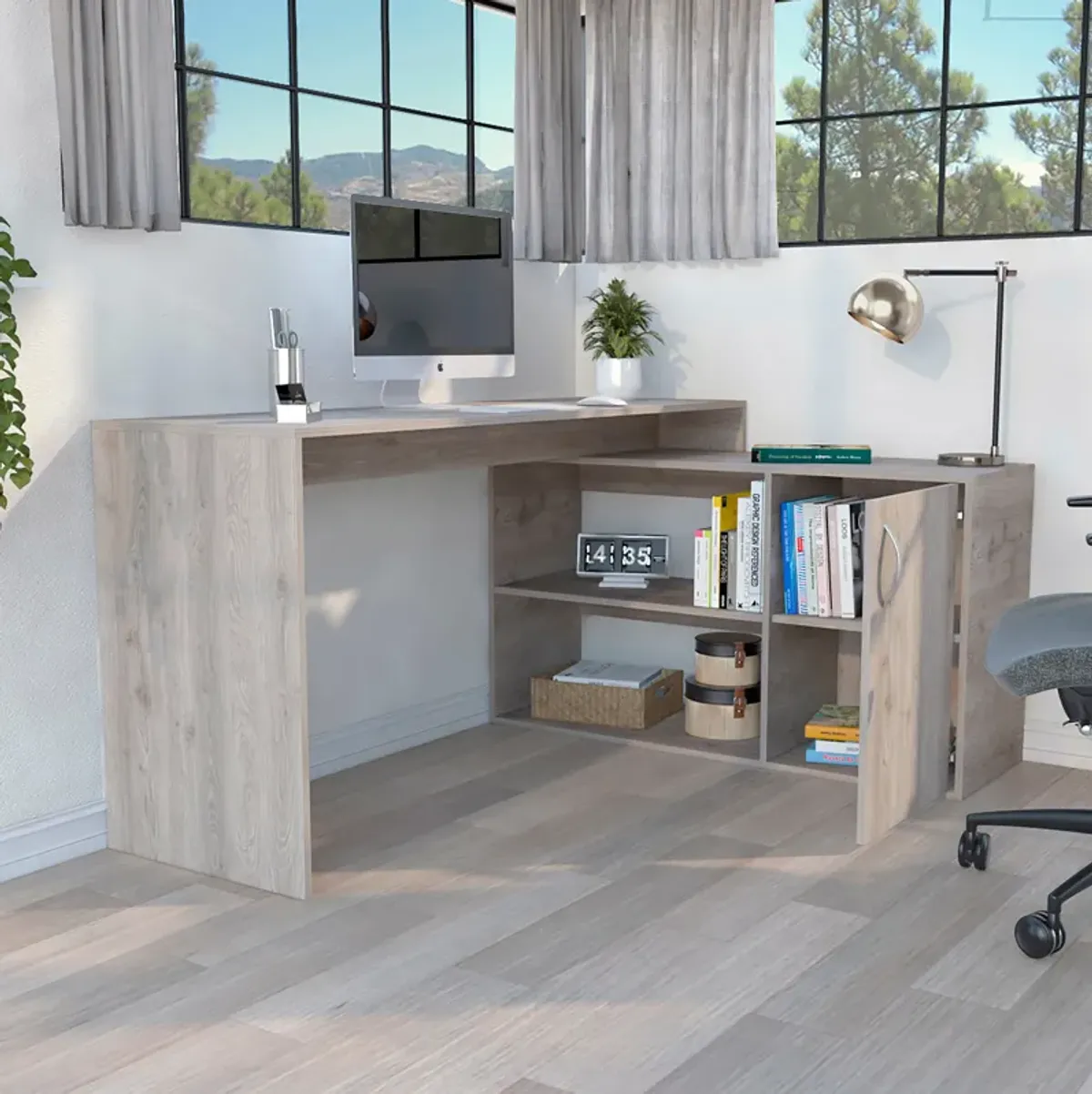 Axis Modern L-Shaped Computer Desk with Open & Closed Storage -Light Gray