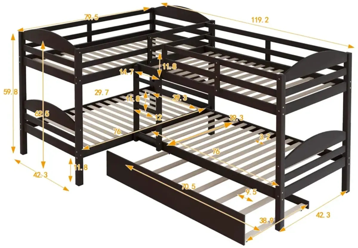 Twin L-Shaped Bunk Bed With Trundle