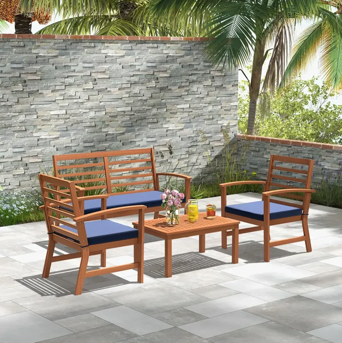 4 Pieces Outdoor Furniture Set with Stable Acacia Wood Frame