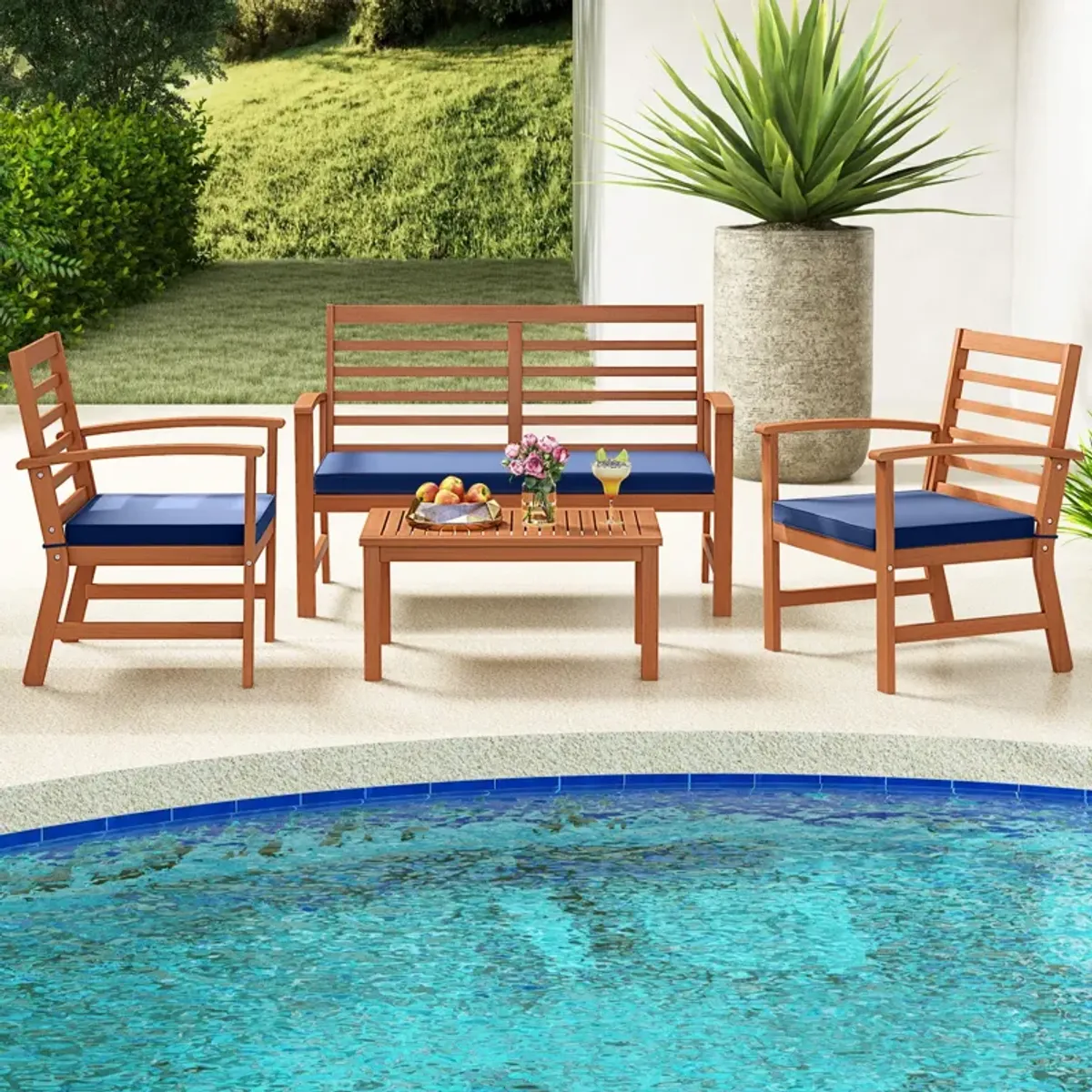 4 Pieces Outdoor Furniture Set with Stable Acacia Wood Frame