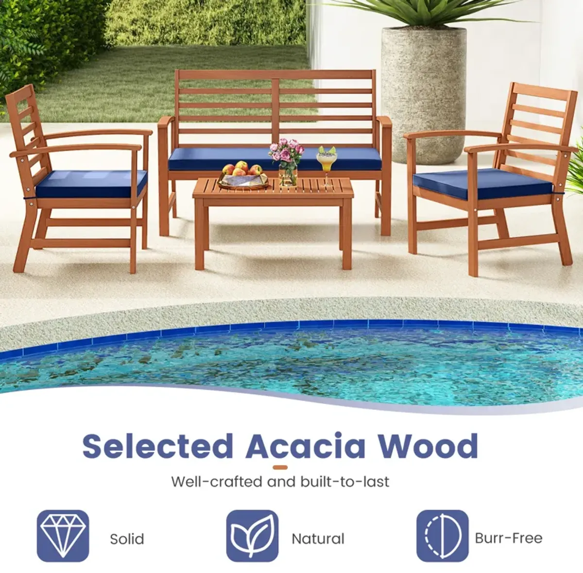 4 Pieces Outdoor Furniture Set with Stable Acacia Wood Frame