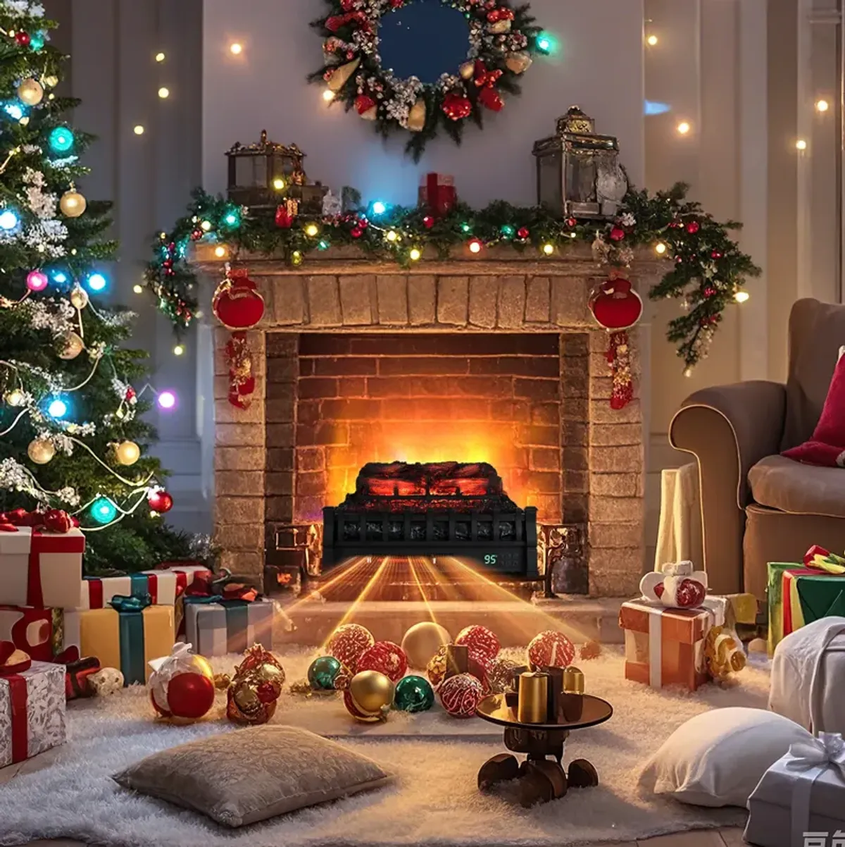 Infrared Quartz Electric Fireplace with Pinewood Log Heater and Adjustable Flame for Cozy Home Heating