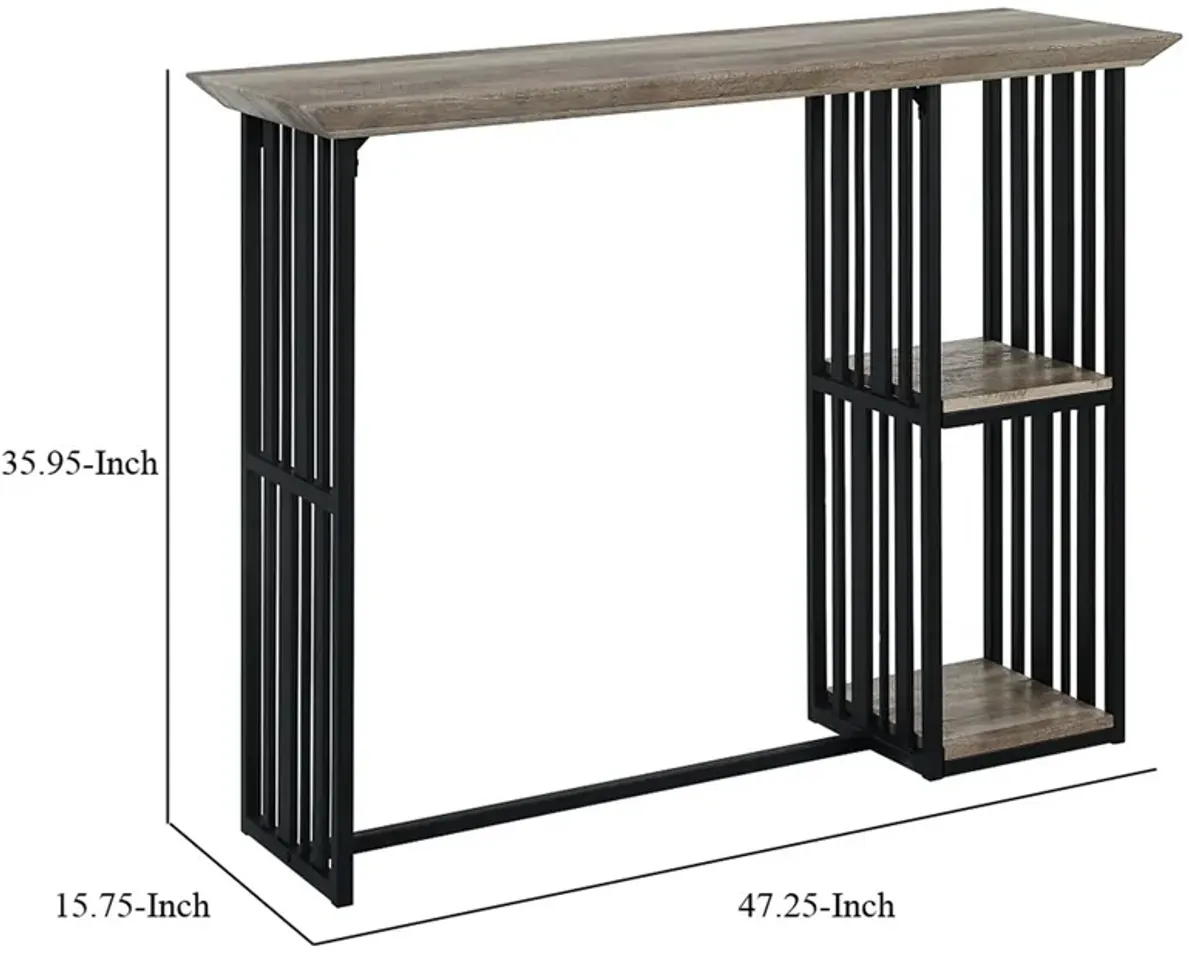 Nori 47 Inch Counter Height Table, 2 Shelves, Antique Oak Brown and Black - Benzara