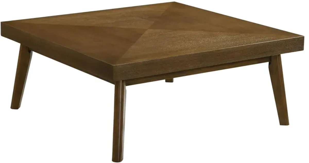 Layla Coffee Table, 39 Inch Square Top, Diamond Parquet, Walnut Brown Wood - Benzara