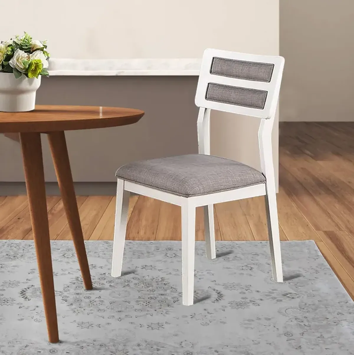 21 Inch 2 Tone Dining Chair, Ladder Back, Gray Seat, Set of 2, White