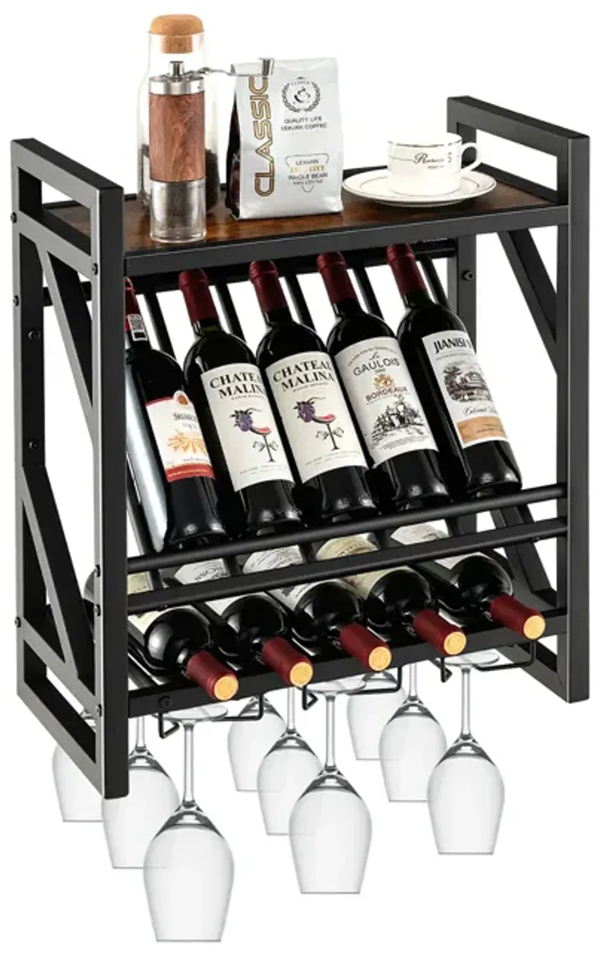 10 Bottles Wall Mounted Wine Rack with Glass Holder