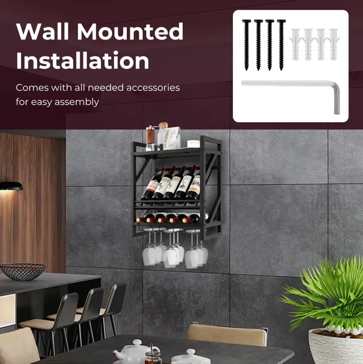 10 Bottles Wall Mounted Wine Rack with Glass Holder