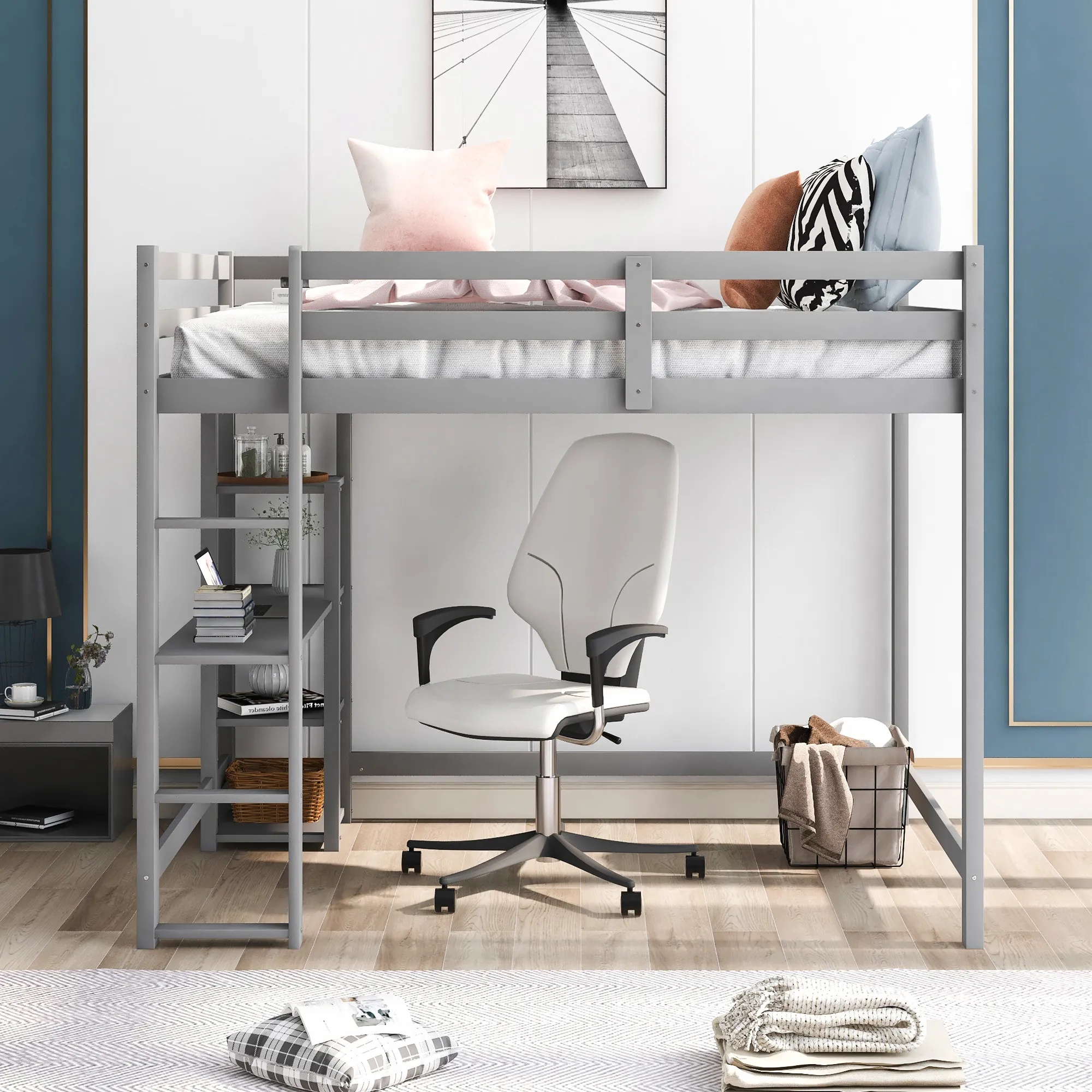 Merax Classic Loft Bed with Built-in Desk and Shelves