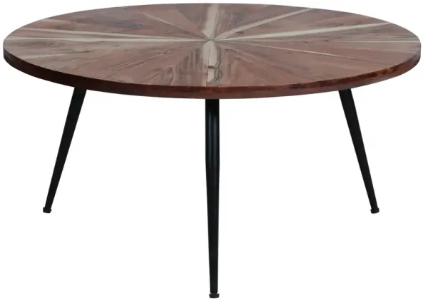 31 Inch Round Acacia Wood Coffee Table, Sunburst Design, Black Powder Coated Tapered Iron Legs, Natural Brown-Benzara
