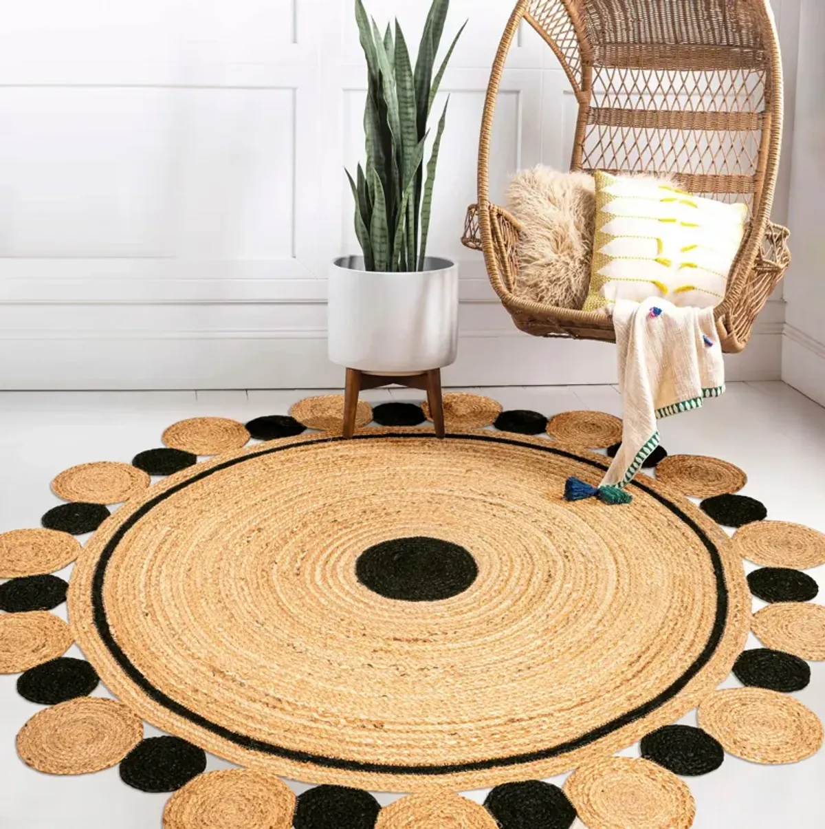 Aurora Two-Tone Jute Hippy Circle Medallion Black/Natural Round Area Rug