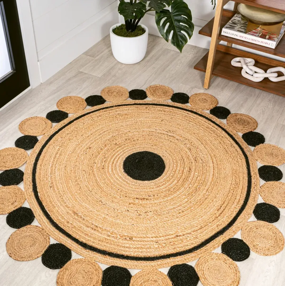 Aurora Two-Tone Jute Hippy Circle Medallion Black/Natural Round Area Rug