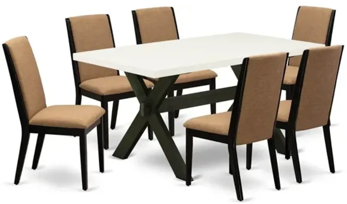 East West Furniture X626LA147-7 7-Piece Gorgeous a Good Linen White dining table Top and 6 Awesome Linen Fabric Parson Dining Chairs with Stylish Chair Back, Wire Brushed Black Finish
