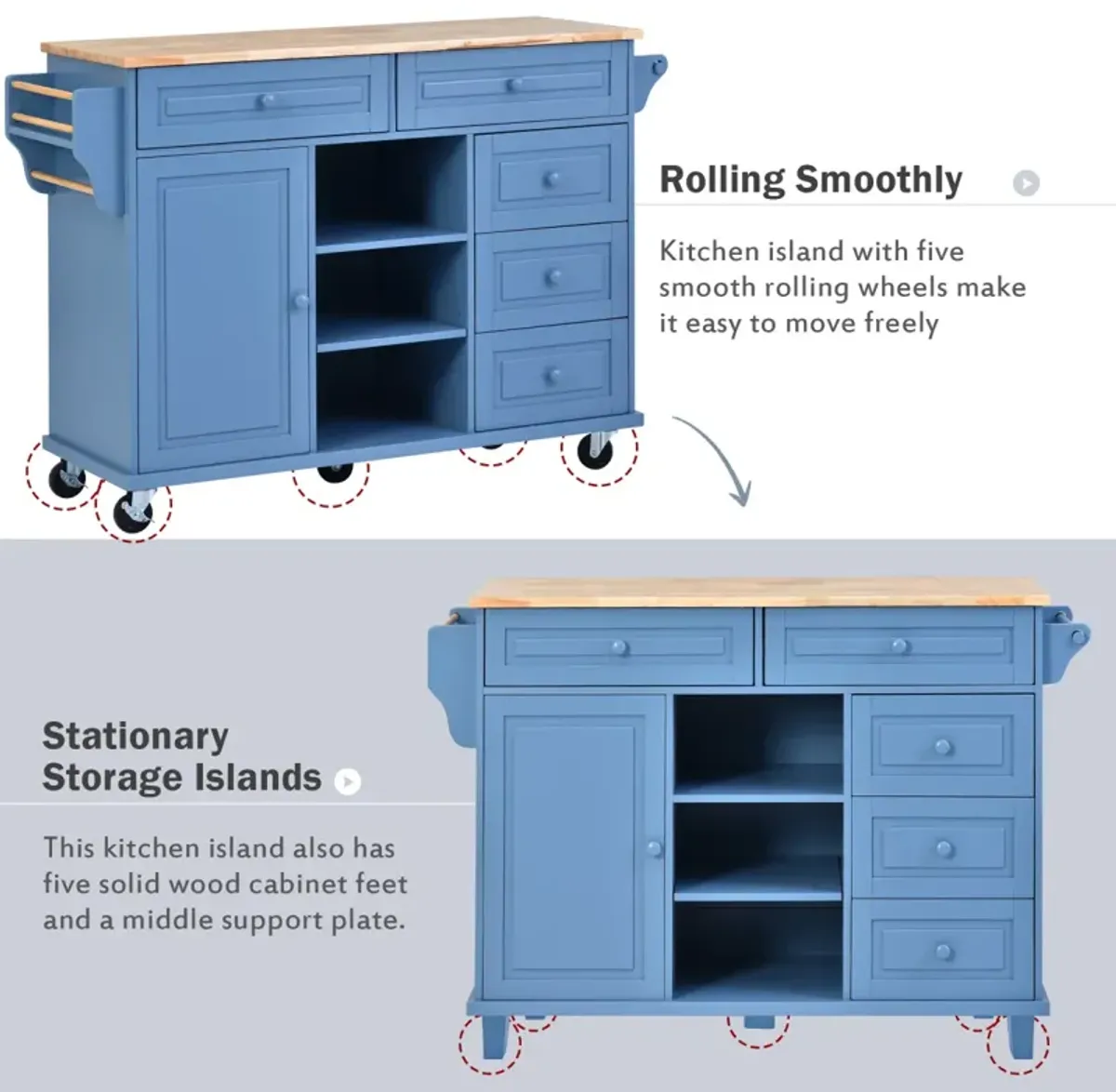 Rolling kitchen island with rubber wood top and 5 draws - 53 inch (Blue)