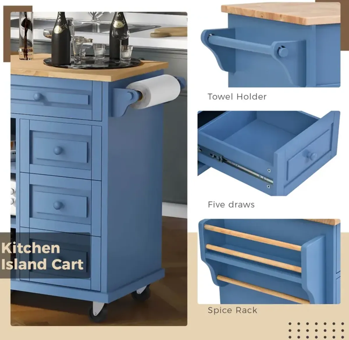 Rolling kitchen island with rubber wood top and 5 draws - 53 inch (Blue)