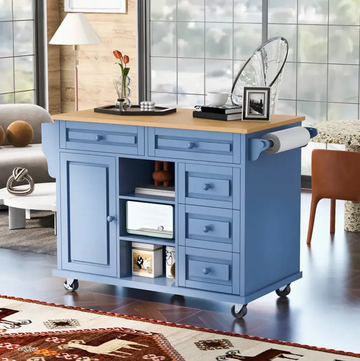 Rolling kitchen island with rubber wood top and 5 draws - 53 inch (Blue)