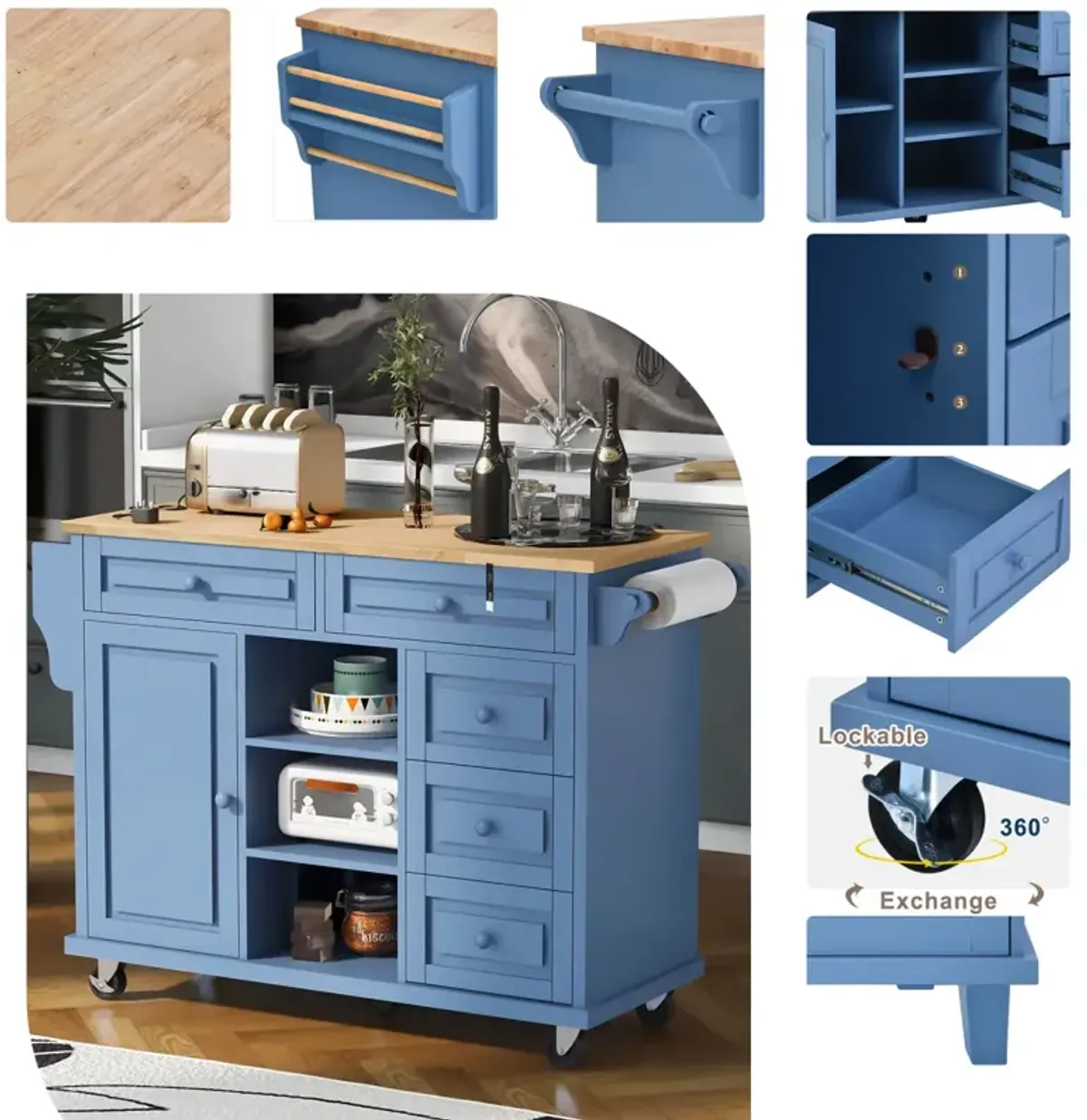 Rolling kitchen island with rubber wood top and 5 draws - 53 inch (Blue)