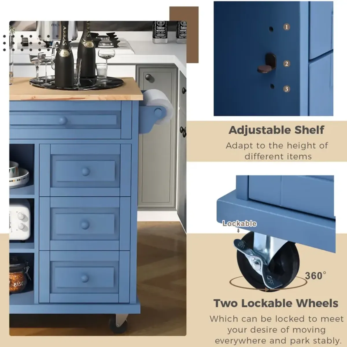 Rolling kitchen island with rubber wood top and 5 draws - 53 inch (Blue)