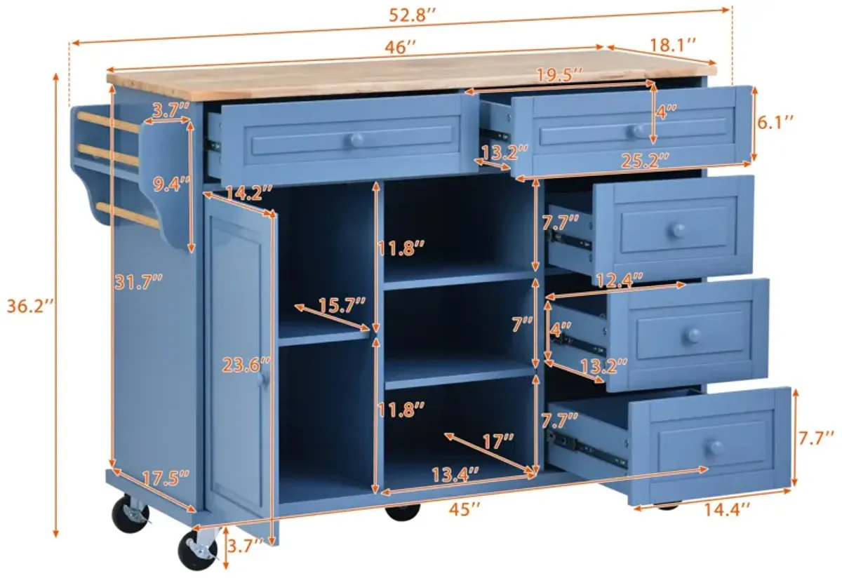 Rolling kitchen island with rubber wood top and 5 draws - 53 inch (Blue)