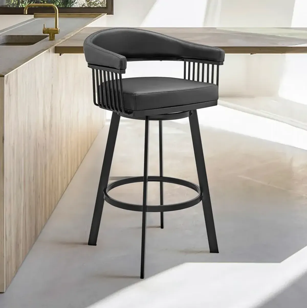 Chelsea  Counter Height Swivel Bar Stool in Black Finish and Gray Faux Leather