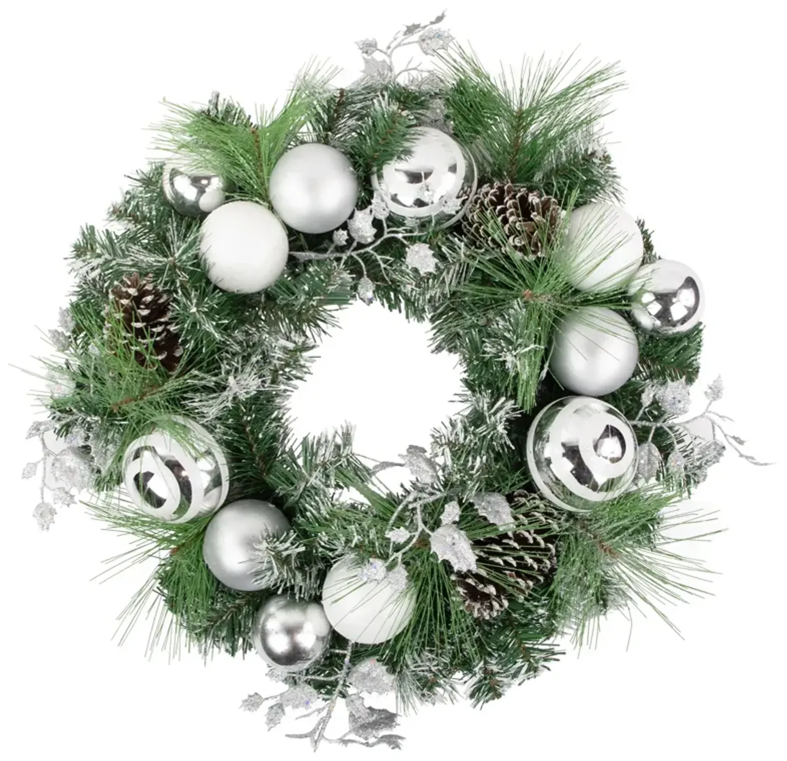 Green Pine Needle Wreath with Pinecones and Christmas Ornaments  24-Inch  Unlit