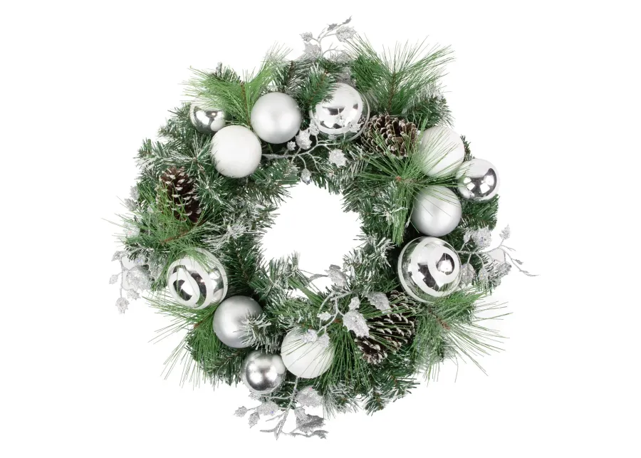 Green Pine Needle Wreath with Pinecones and Christmas Ornaments  24-Inch  Unlit