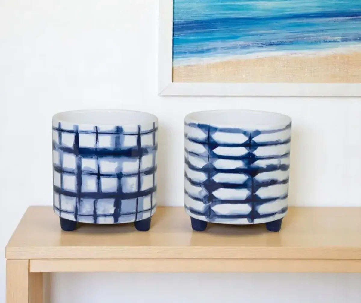 Hivvago Set of Two Cobalt And White Ceramic 2 Ounce Round Footed Pot Planters