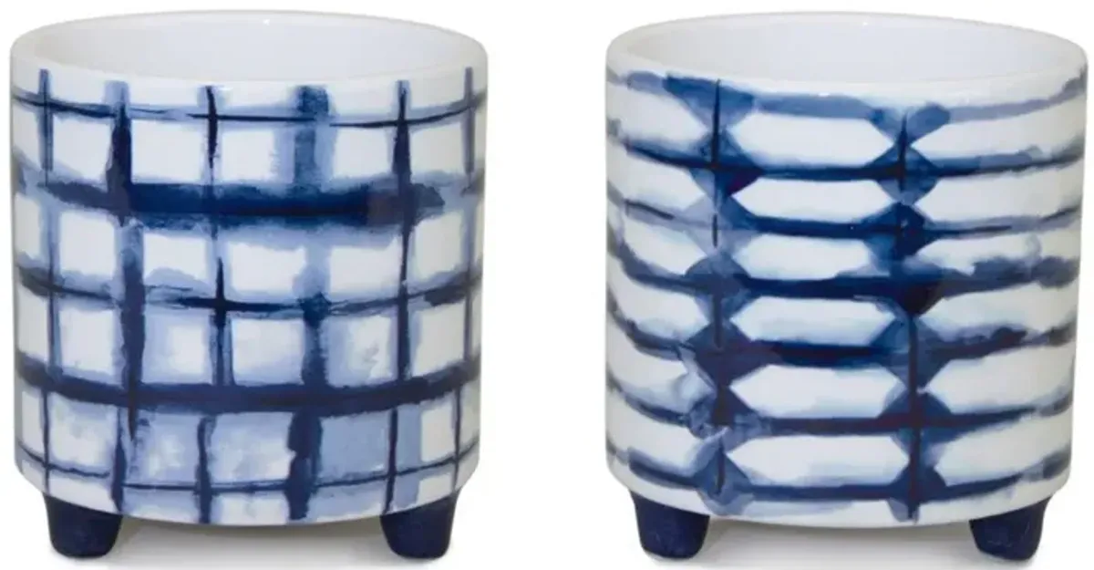 Hivvago Set of Two Cobalt And White Ceramic 2 Ounce Round Footed Pot Planters