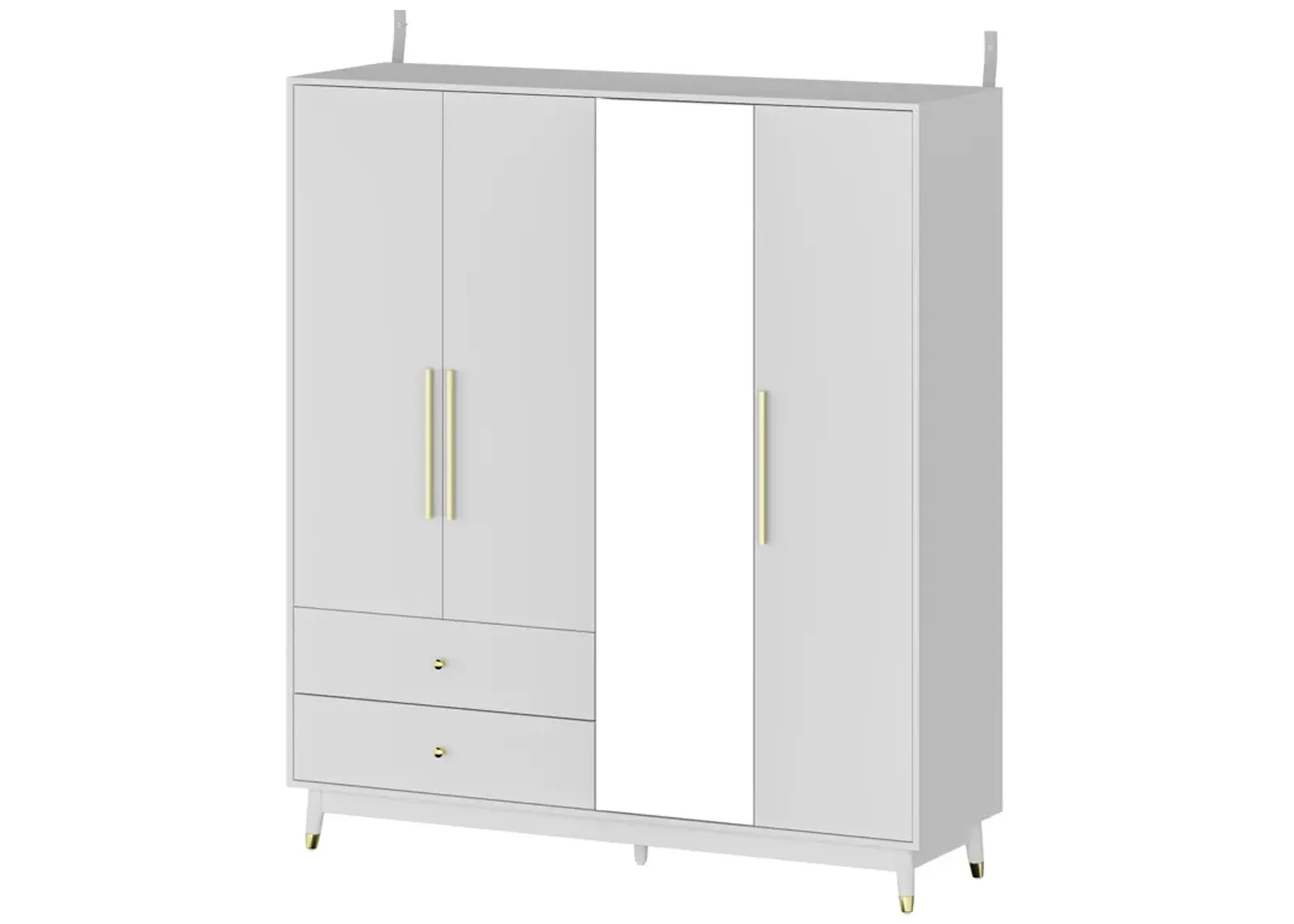 White MDF Wood Board 63 in. Width Armoire Wardrobe with Mirrored Door, Hanging, Shelves and Drawers