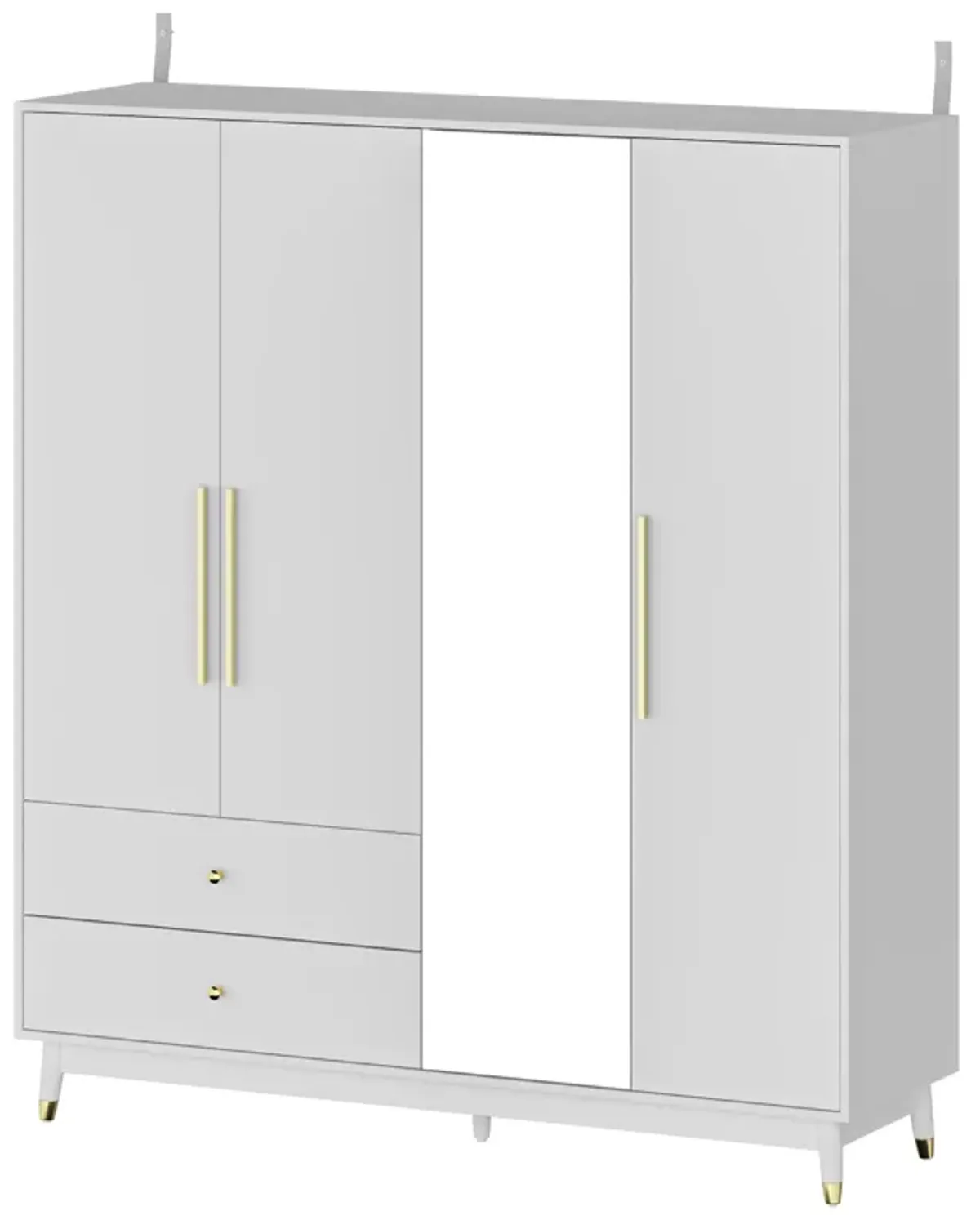 White MDF Wood Board 63 in. Width Armoire Wardrobe with Mirrored Door, Hanging, Shelves and Drawers