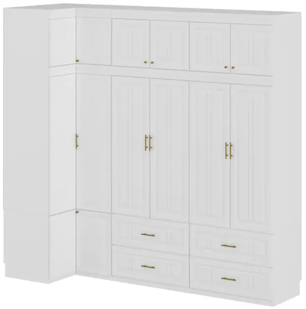 FUFU&GAGA White Corner Wardrobe with Gold Handles, P2 Grade PB Storage Cabinet with Hanging Rod & Multiple Drawers, Space-Saving Closet Organizer (98.4 x 35.4 x 93.9 in)